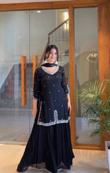 Embroidered Fox Georgette Kurti Set with Organza Dupatta