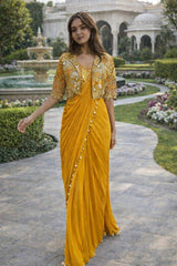 Designer Crepe Silk Ready-to-Wear Saree with Embroidered Jacket & Blouse