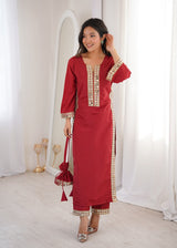 Natural Crepe Kurti Pant Set with Mirror Work & Batwa