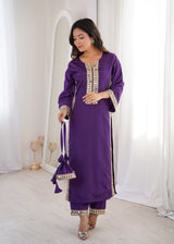 Natural Crepe Kurti Pant Set with Mirror Work & Batwa