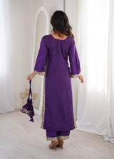 Natural Crepe Kurti Pant Set with Mirror Work & Batwa