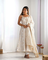 Cream Banarasi Dola Silk Anarkali Suit with Dupatta