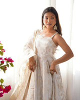 Cream Banarasi Dola Silk Anarkali Suit with Dupatta