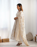 Cream Banarasi Dola Silk Anarkali Suit with Dupatta