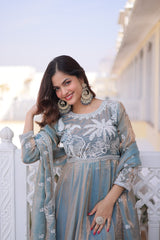 Premium Fendi Satin Embroidered Gown with Dupatta
