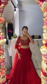 Designer Red Lehenga Saree with Embroidered Choli & Dupatta