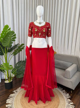 Designer Red Lehenga Saree with Embroidered Choli & Dupatta