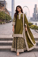 Heavy Fandy Silk Embroidered Top Plazo Set