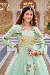 Designer Satin Silk Embroidered Top with Vichitra Lehenga