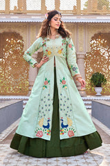 Designer Satin Silk Embroidered Top with Vichitra Lehenga