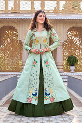 Designer Satin Silk Embroidered Top with Vichitra Lehenga