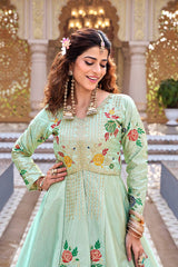 Designer Satin Silk Embroidered Top with Vichitra Lehenga