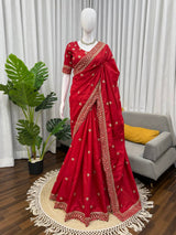 Designer Party Wear Red Saree
