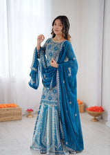 Faux Georgette Turquoise Lehenga Choli