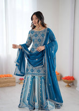 Faux Georgette Turquoise Lehenga Choli