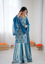 Faux Georgette Turquoise Lehenga Choli