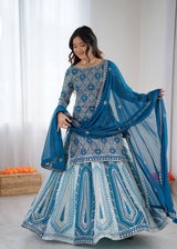 Faux Georgette Turquoise Lehenga Choli