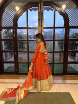 Chinon Silk Orange Anarkali Gown Set