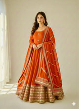 Chinon Silk Orange Anarkali Gown Set