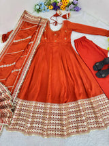 Chinon Silk Orange Anarkali Gown Set
