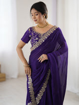 Purple Rangoli Embroidery Party Wear Saree