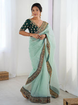 Sky Blue Net Wedding Wear Saree