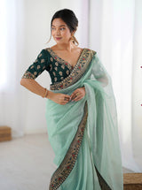 Sky Blue Net Wedding Wear Saree