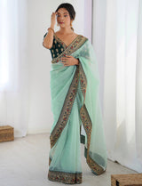 Sky Blue Net Wedding Wear Saree