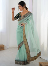 Sky Blue Net Wedding Wear Saree