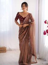 Brown Net Embroidery Party Wear Saree