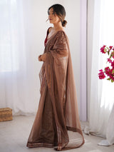 Brown Net Embroidery Party Wear Saree