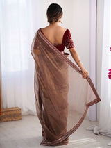 Brown Net Embroidery Party Wear Saree