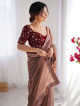 Brown Net Embroidery Party Wear Saree