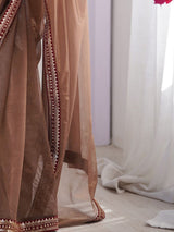 Brown Net Embroidery Party Wear Saree
