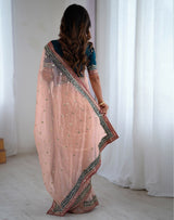 Peach Net Embroidered Party Wear Saree