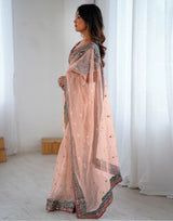 Peach Net Embroidered Party Wear Saree