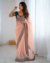 Peach Net Embroidered Party Wear Saree
