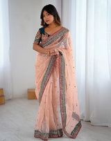 Peach Net Embroidered Party Wear Saree