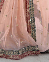 Peach Net Embroidered Party Wear Saree