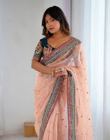 Peach Net Embroidered Party Wear Saree