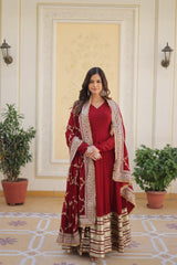 Maroon Faux Blooming Gown Set