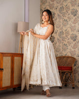 Cream Banarasi Dola Silk Anarkali Suit with Dupatta