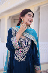 Velvet Embroidered Festival Wear Kurta Set