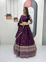 Chinon Party Wear Wine Lehenga Choli Set