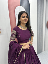 Chinon Party Wear Wine Lehenga Choli Set