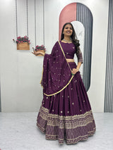 Chinon Party Wear Wine Lehenga Choli Set