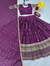Chinon Party Wear Wine Lehenga Choli Set