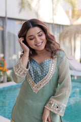 Designer Mirror Work Top & Pant Set with Batwa