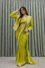 Designer Crepe Silk Ready-to-Wear Saree with Embroidered Jacket