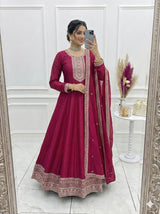 Premium Vichitra Silk Full Kali Embroidered Anarkali Gown